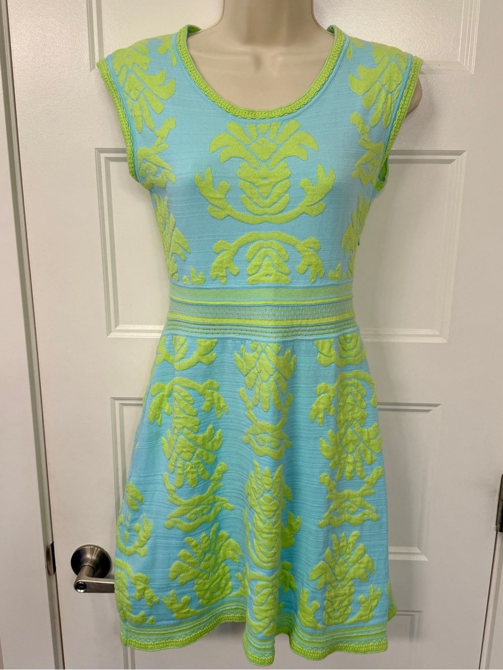 Bottega Veneta Inspired Blue & Lime Patterned Fit-and-Flare Mini Dress